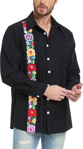 Men's Mexican Shirts Cuban Guayabera Shirt Casual Long Sleeve Embroidered Linen Summer Beach Shirts