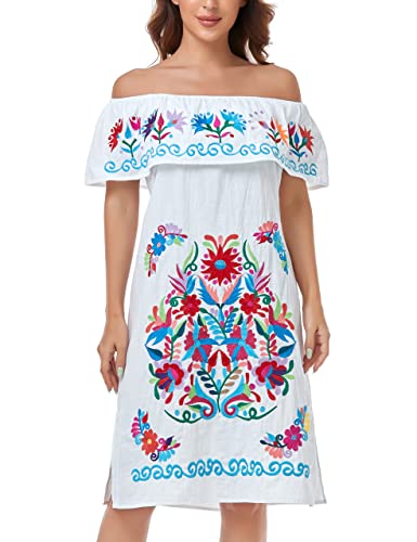 Women Mexican Embroidered Dress Ruffle Collar Sleeveless