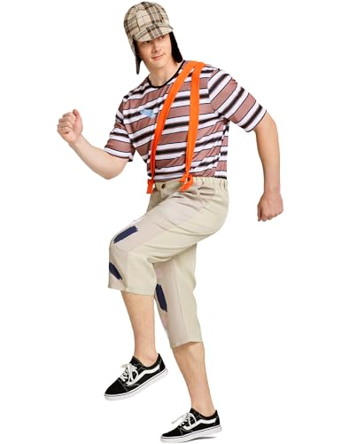 Mexican TV Cosplay Costume for Adult Men, Patchwork Overalls Suit Set with Striped T-shirt Hat for Halloween Party Outfit