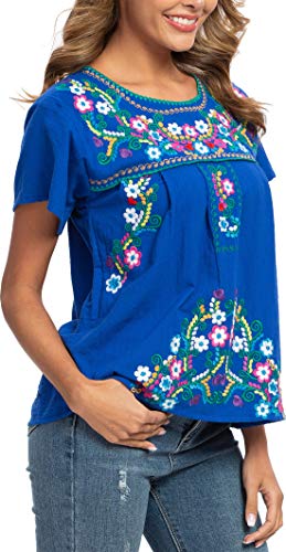 Women's Embroidered Mexican Peasant Blouse Mexico Summer Shirt Short Sleeve