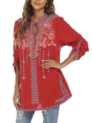 Mexican Embroidered Tops for Women Long Sleeve Shirts Bohemian Flower Peasant Tunics Clothing Boho Blouse