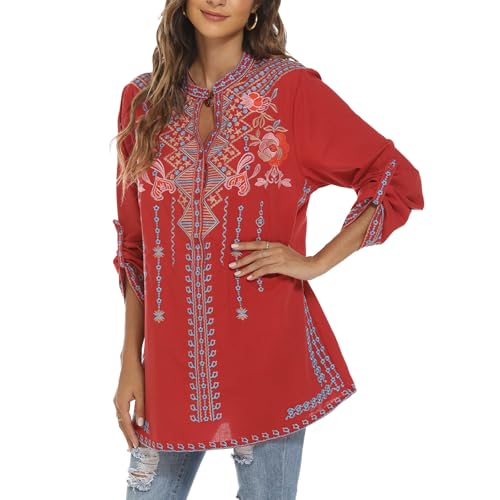 Mexican Embroidered Tops for Women Long Sleeve Shirts Bohemian Flower Peasant Tunics Clothing Boho Blouse