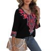 Mexican Embroidered Tops for Women Boho Floral 3/4 Sleeve Peasant Blouses Summer Casual Boho Clothes Hippie Shirt