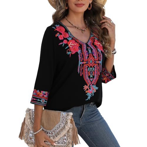 Mexican Embroidered Tops for Women Boho Floral 3/4 Sleeve Peasant Blouses Summer Casual Boho Clothes Hippie Shirt