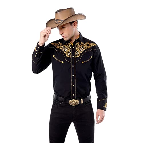Men's Western Shirt Long Sleeve Embroidered Cowboy Casual Snap Button Shirt