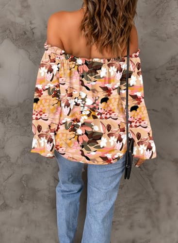 Women's Off Shoulder Top Ruffle Long Sleeve Chiffon Blouse Casual Loose Shirts