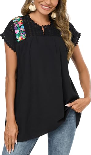 Mexican Shirts for Women Embroidered Tops Peasant Blouse Lace Tops White Short Sleeve Summer Floral V Neck T Shirt
