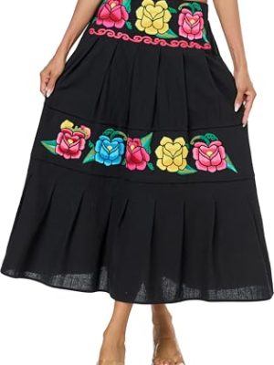 Mexican Skirts for Women Floral Embroidered Maxi Skirt Traditional Dress Fiesta Outfit