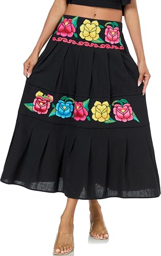 Mexican Skirts for Women Floral Embroidered Maxi Skirt Traditional Dress Fiesta Outfit