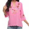 Women's V Neck Casual Summer Blouse, Boho Embroidered Mexican Peasant Tops Short Sleeve Shirts Casual Blouse Loose Tunics