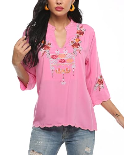 Women's V Neck Casual Summer Blouse, Boho Embroidered Mexican Peasant Tops Short Sleeve Shirts Casual Blouse Loose Tunics