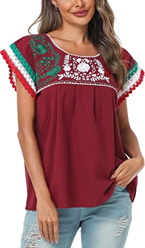 Women Mexican Embroidered Lace Traditional Colorful Blouse Tricolor Top Mexican Independence Day Shirt