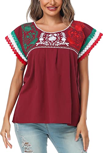 Women Mexican Embroidered Lace Traditional Colorful Blouse Tricolor Top Mexican Independence Day Shirt