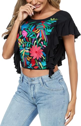 2025 Women's Embroidered Tops Boho Mexican Shirt Sexy Floral Ruffle Short Sleeve Backless Going Out Crop Tunics Top