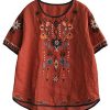 Women's Cotton Linen Tops Embroidered Short Sleeve Peasant Boho Mexican Tunic Top Festival Casual Loose T Shirt