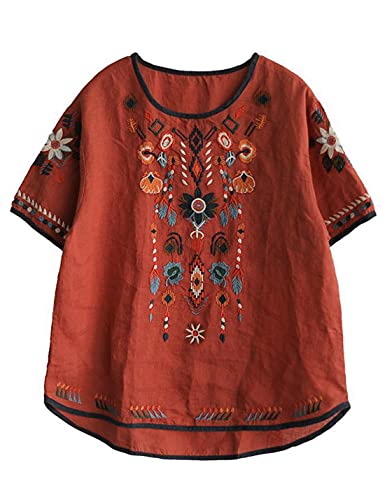 Women's Cotton Linen Tops Embroidered Short Sleeve Peasant Boho Mexican Tunic Top Festival Casual Loose T Shirt