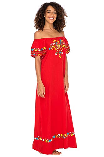 Womens Off Shoulder Long Mexican Embroidered Dress Maxi Boho Floral Summer Peasant Dress