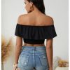 Women's Floral Embroidered Off Shoulder Ruffle Trim Crop Top Blouse Shirt