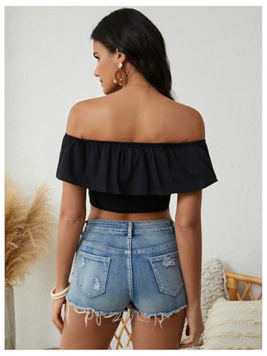 Women's Floral Embroidered Off Shoulder Ruffle Trim Crop Top Blouse Shirt