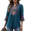 Mexican Embroidered Tops Boho 3/4 Sleeve Shirts Floral Peasant Tunic Bohemian Fiesta Blouses Clothes for Women
