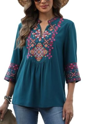 Mexican Embroidered Tops Boho 3/4 Sleeve Shirts Floral Peasant Tunic Bohemian Fiesta Blouses Clothes for Women