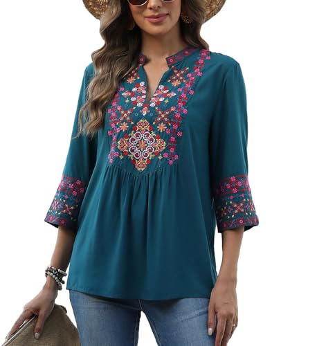 Mexican Embroidered Tops Boho 3/4 Sleeve Shirts Floral Peasant Tunic Bohemian Fiesta Blouses Clothes for Women