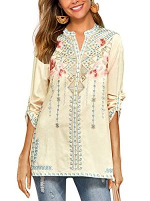 Women's Embroidered Tops Mexican Shirt V Neck Summer Casual Tops Peasant Tunic Loose Blouse