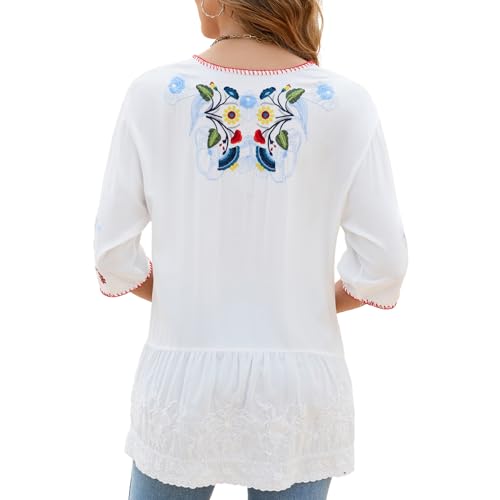 Women's Embroidered Tops 3/4 Sleeve Mexican Blouses Shirts Round Neck Dressy Tunics Peasant Tops Loose Fit