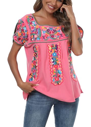 Mexican Shirts for Women Embroidered Tops Traditional Peasant Summer Tunic Blouse