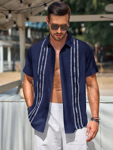 Mens Short Sleeve Guayabera Shirts Linen Cotton Button Down Mexican Embroidered Cuban Wedding Shirt Summer Beach Tops