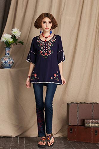 Mexican Shirts Peasant Blouses Cotton Embroidered 3/4 Sleeve Bohemian Tops Boho Clothes for Women Summer Fiesta