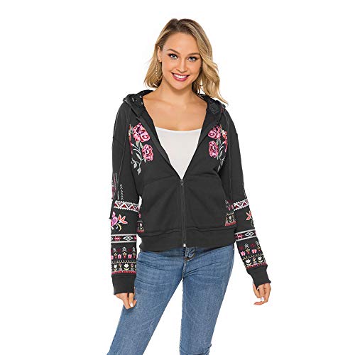 Women's Full Zip Long Sleeve Embroidered Sweatshirt Floral Boho Embroidered Mexican Hoodie Fall Winter Coat Tops Jackets