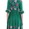 Women's Short Sleeve Mexican Embroidered Floral Pleated Midi A-line Cocktail Dress