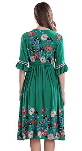 Women's Short Sleeve Mexican Embroidered Floral Pleated Midi A-line Cocktail Dress
