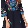 Women Embroidered Mexican V Neck Floral Dress Long Sleeve Floral Traditional Bohemian Dress
