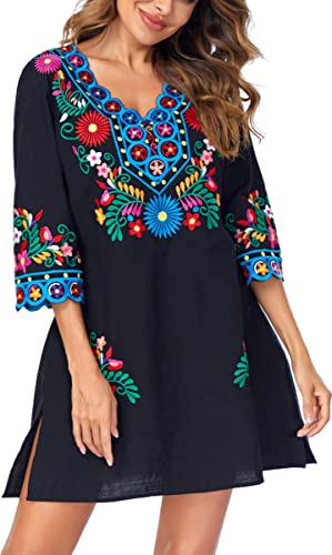 Women Embroidered Mexican V Neck Floral Dress Long Sleeve Floral Traditional Bohemian Dress