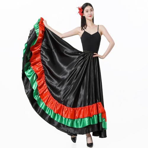Adult Ruffles Black Red Green Maxi Long Dance Skirt Folklorico Skirt for Mexican Flamenco Halloween Costume
