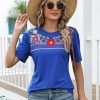 Mexican Shirts for Women Traditional Embroidered Fiesta Cinco De Mayo Tops Floral Crewneck Short Sleeve