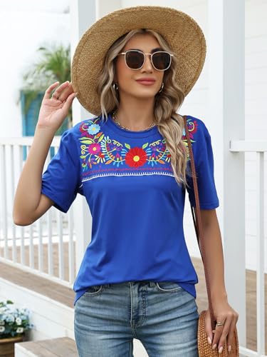 Mexican Shirts for Women Traditional Embroidered Fiesta Cinco De Mayo Tops Floral Crewneck Short Sleeve