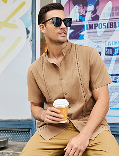 Mens Guayabera Shirts Linen Short Sleeve Button Down Casual Beach Cuban Camp Mexican Shirt for Men