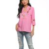 Women's V Neck Casual Summer Blouse, Boho Embroidered Mexican Peasant Tops Short Sleeve Shirts Casual Blouse Loose Tunics