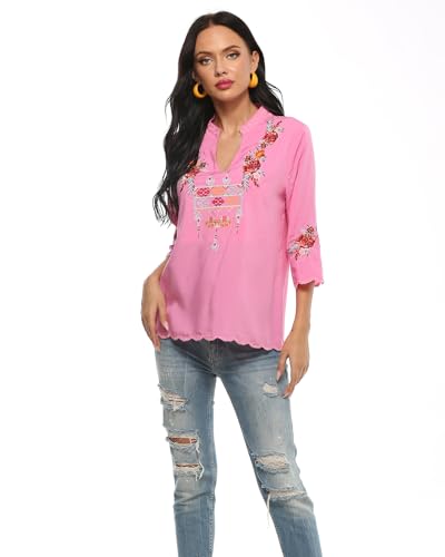 Women's V Neck Casual Summer Blouse, Boho Embroidered Mexican Peasant Tops Short Sleeve Shirts Casual Blouse Loose Tunics