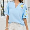 Women's Boho Floral Embroidered Blouse Casual V-Neck Puff Short Sleeve Loose Tunic Top for Summer Shirt