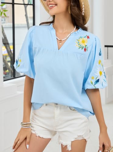 Women's Boho Floral Embroidered Blouse Casual V-Neck Puff Short Sleeve Loose Tunic Top for Summer Shirt