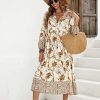Womens Women's Long Sleeve Floral Print Retro V Neck Tassel Bohemian Midi Dresses