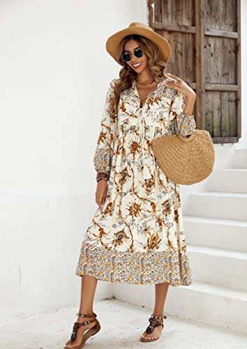 Womens Women's Long Sleeve Floral Print Retro V Neck Tassel Bohemian Midi Dresses