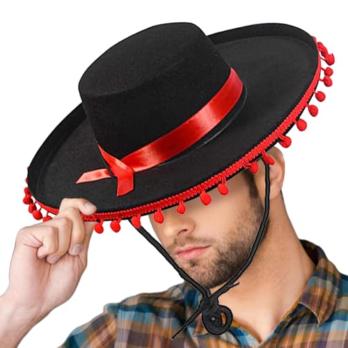 Mexican Sombrero Hat For Adult, Large Festival Sombrero Hats, Wide Brim Cosplay Costume With Pom-Poms, Mexican Party Dress Up