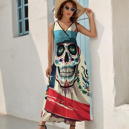 Mexican American Flag Skull Womens Casual Sleeveless Dress Maxi Long Beach Dress Sundress