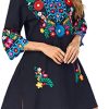 Women Embroidered Mexican V Neck Floral Dress Long Sleeve Floral Traditional Bohemian Dress