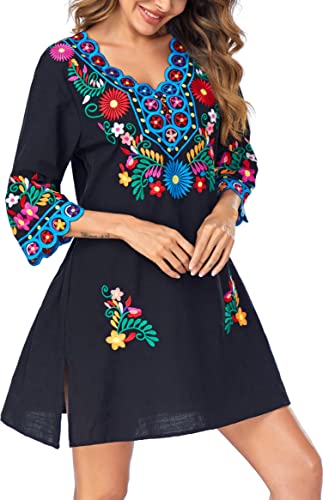 Women Embroidered Mexican V Neck Floral Dress Long Sleeve Floral Traditional Bohemian Dress